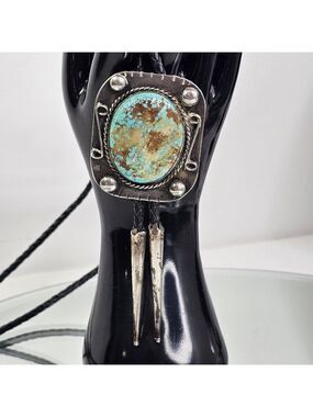 Navajo Turquoise Sterling Silver Bolo Tie Signed By Artist